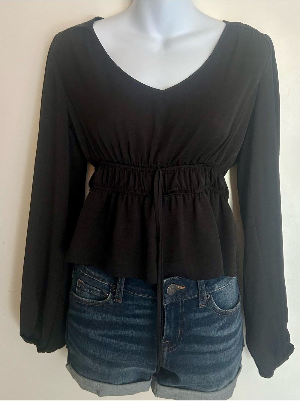 SO Black V-Neck Long Sleeve Peplum Top with Waist Tie